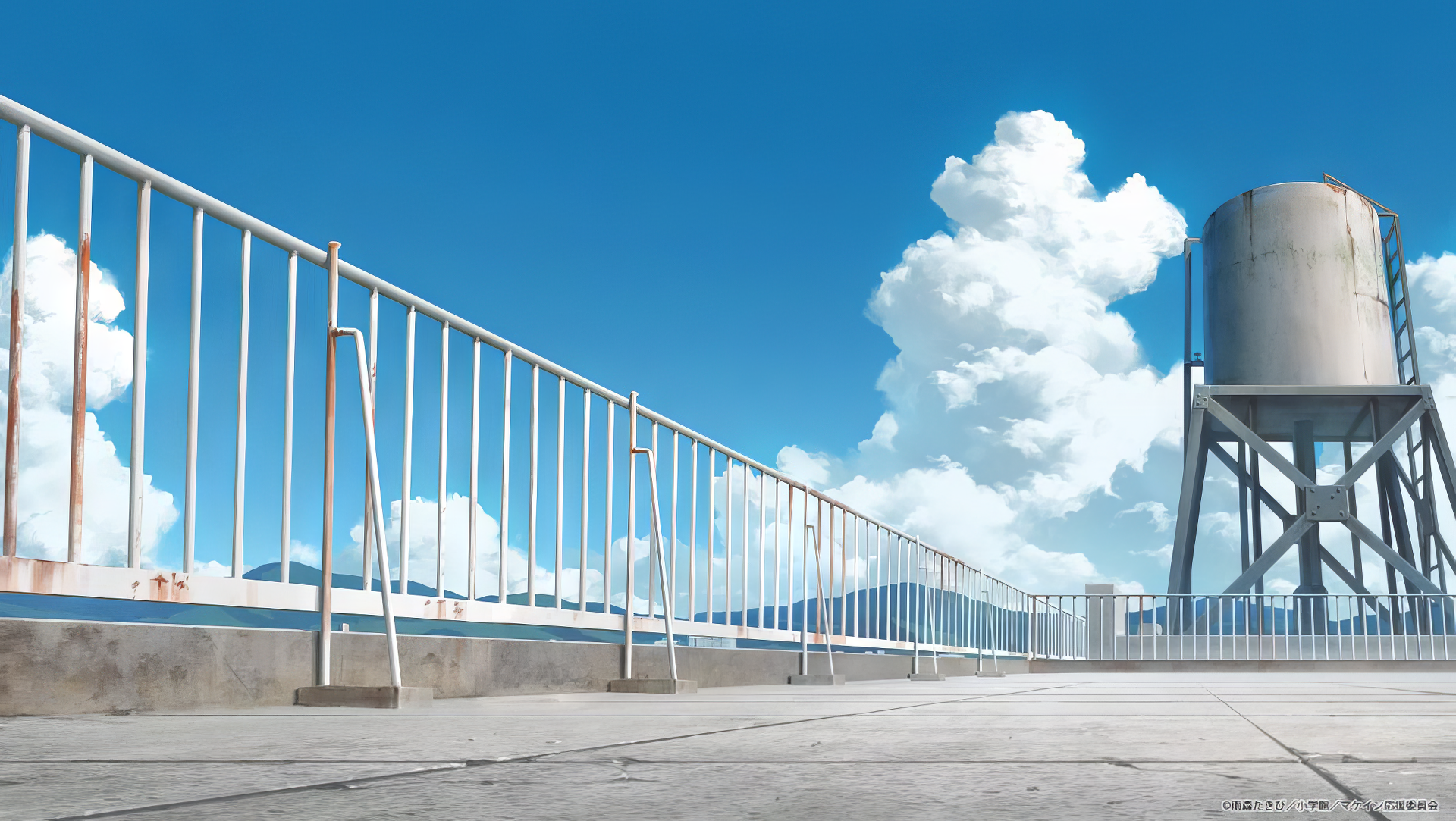 An HD desktop wallpaper featuring a vibrant blue sky with fluffy clouds, set against a rooftop railing and water tank, inspired by the anime Too Many Losing Heroines!.