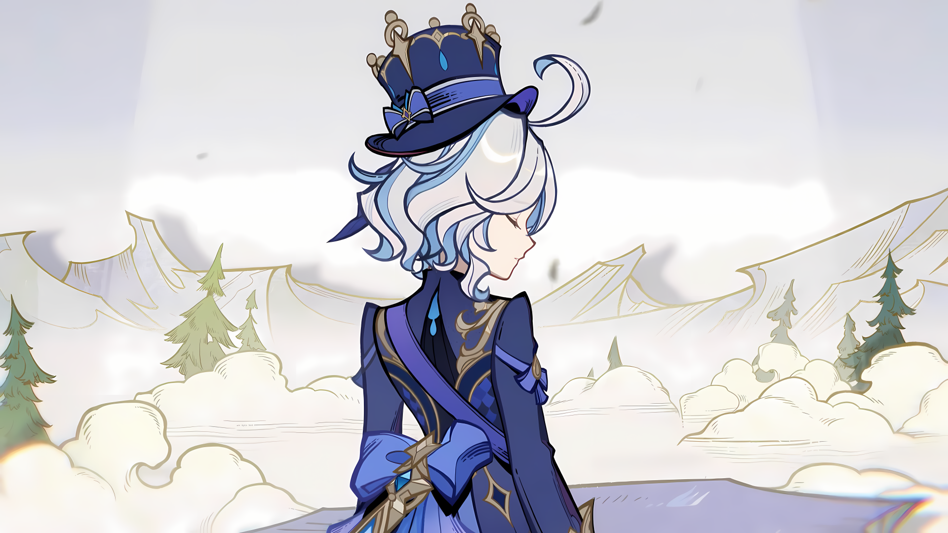 A stunning HD wallpaper featuring Furina from the video game Genshin Impact, showcasing her elegant design against a mystical, cloud-filled landscape.