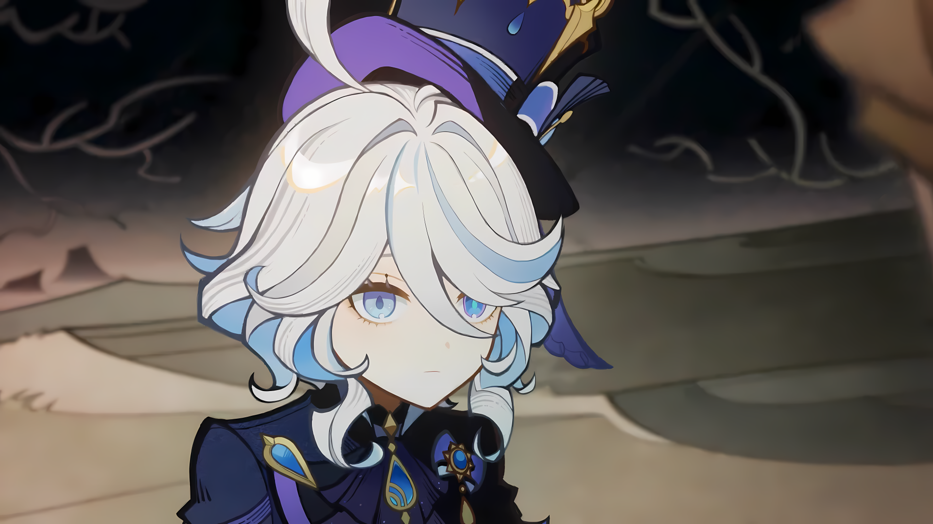 Close-up of Furina from Genshin Impact, depicted with flowing white and blue hair, wearing a stylish outfit, set against a dark, atmospheric background. HD desktop wallpaper.