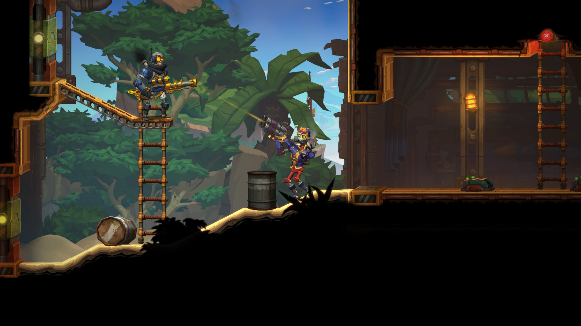 HD desktop wallpaper featuring a scene from SteamWorld Heist II, showcasing characters navigating a vibrant environment with ladders and barrels amidst lush greenery.