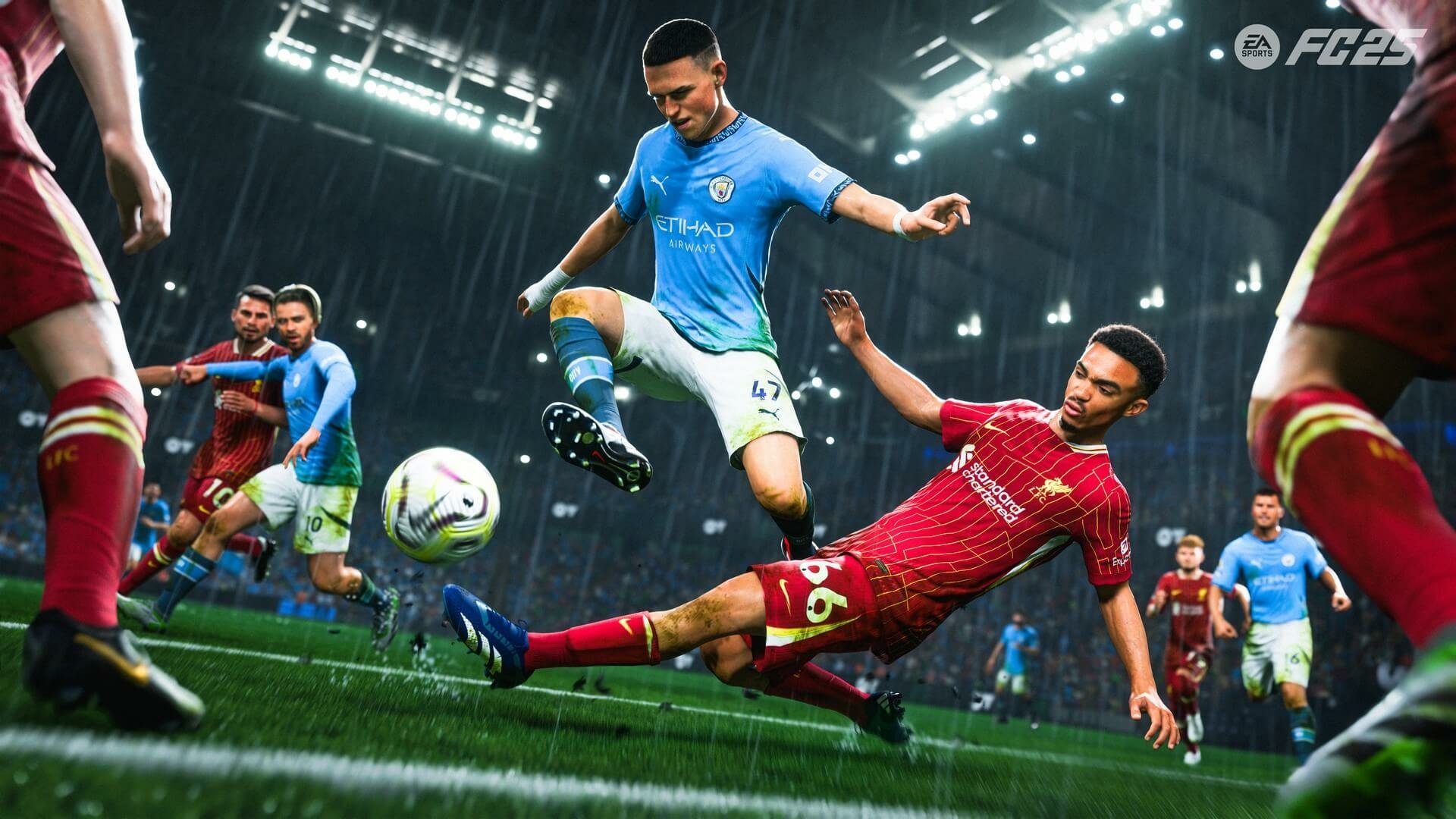 HD desktop wallpaper featuring Phil Foden from EA SPORTS FC 25, showcasing dynamic graphics and vibrant colors for an engaging gaming aesthetic.