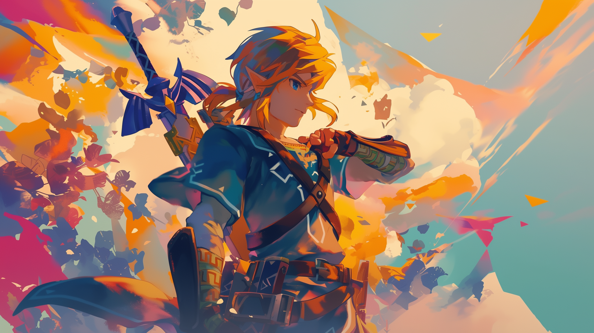 A high-definition desktop wallpaper featuring Link from The Legend of Zelda, showcasing vibrant colors and iconic elements from the beloved game series.