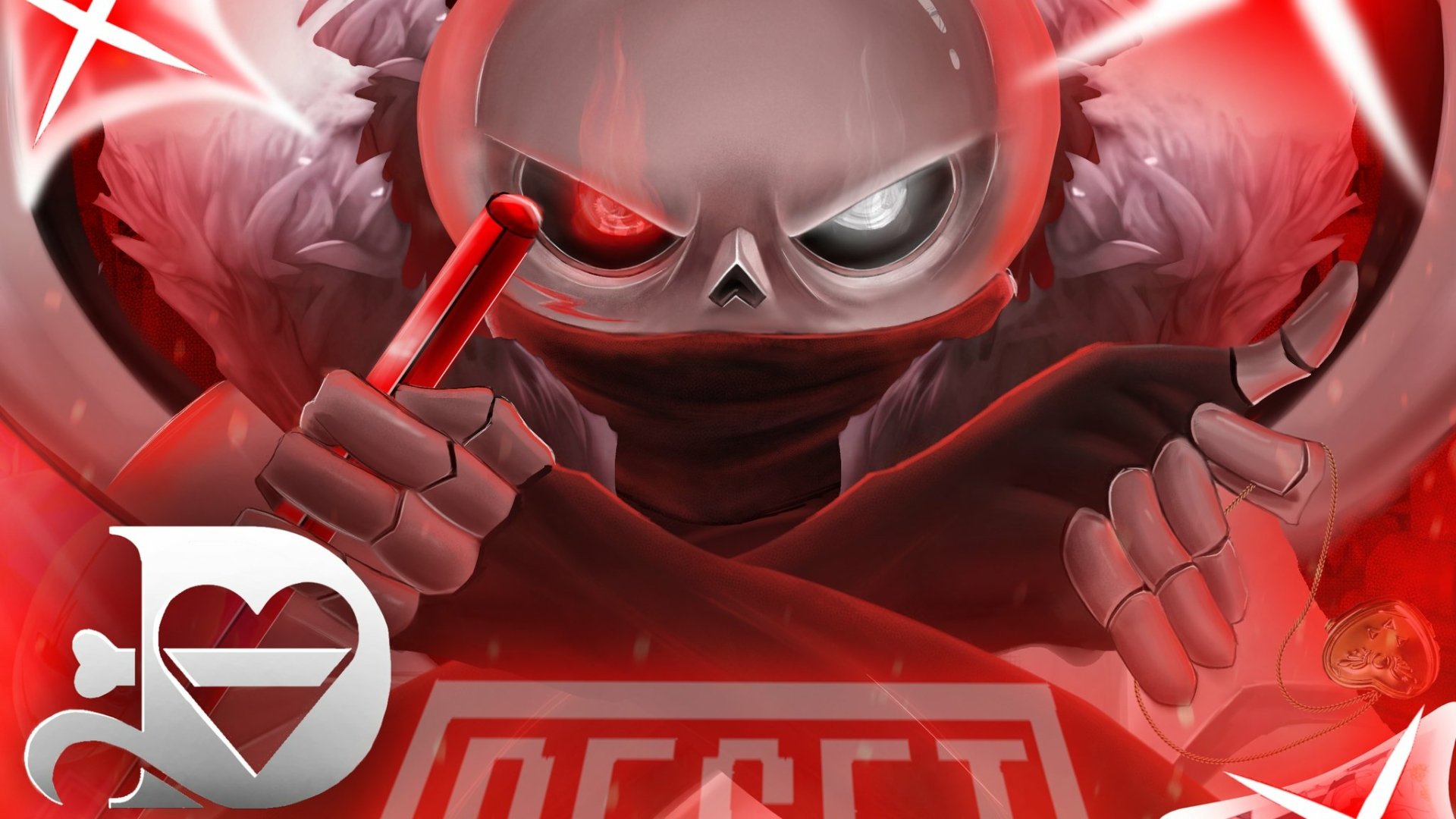 A dynamic HD desktop wallpaper featuring Cross!Sans from the video game Undertale, showcasing a striking design with red tones and an intense presence.