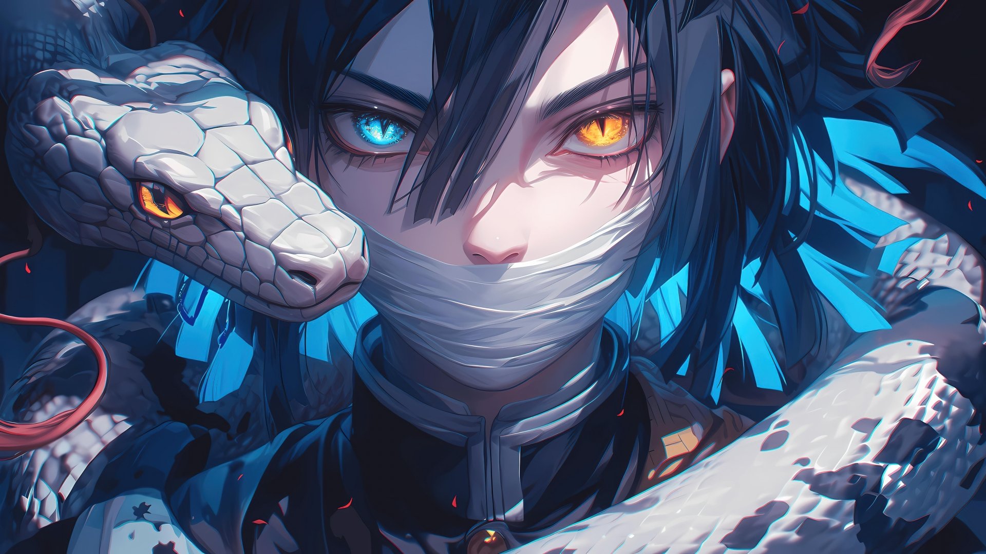 4K Ultra HD wallpaper featuring Obanai Iguro from Demon Slayer: Kimetsu no Yaiba, showcasing his distinct heterochromatic eyes and white serpent.