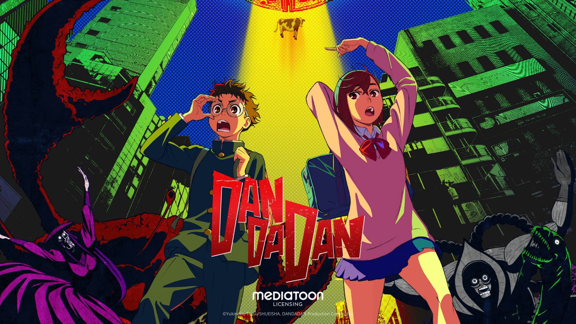 HD anime wallpaper featuring Dandadan characters Momo Ayase and Ken Takakura striking dynamic poses in a neon-lit urban setting.