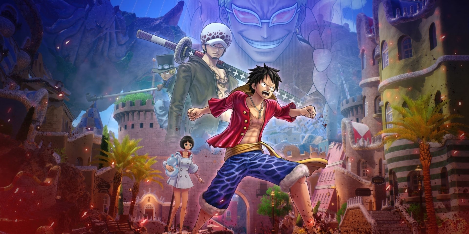 One Piece HD PC desktop wallpaper and background: Luffy charges forward with Law and allies in a colorful seaside town, a giant masked face looming above in dramatic, high‑resolution art.