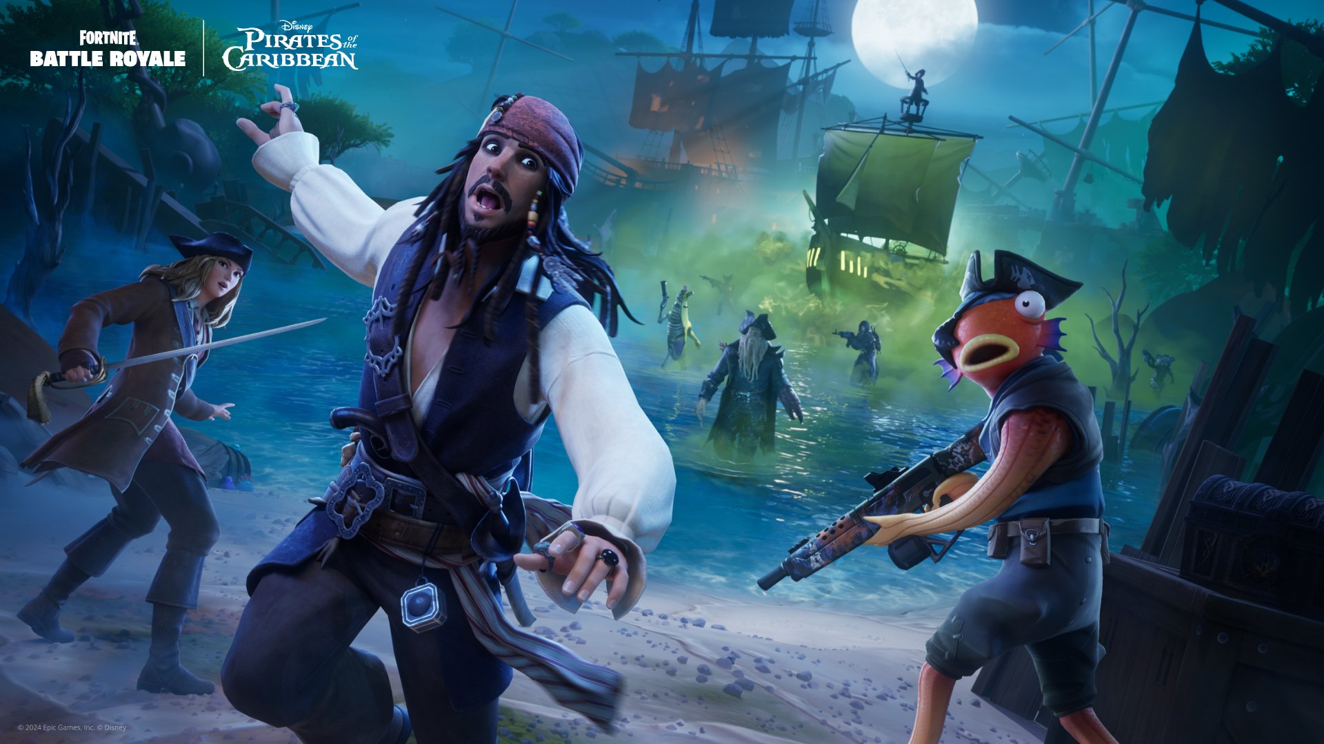 Fortnite HD PC desktop wallpaper featuring Pirates of the Caribbean characters battling on a misty, moonlit shore with ships and ghostly figures in the background.