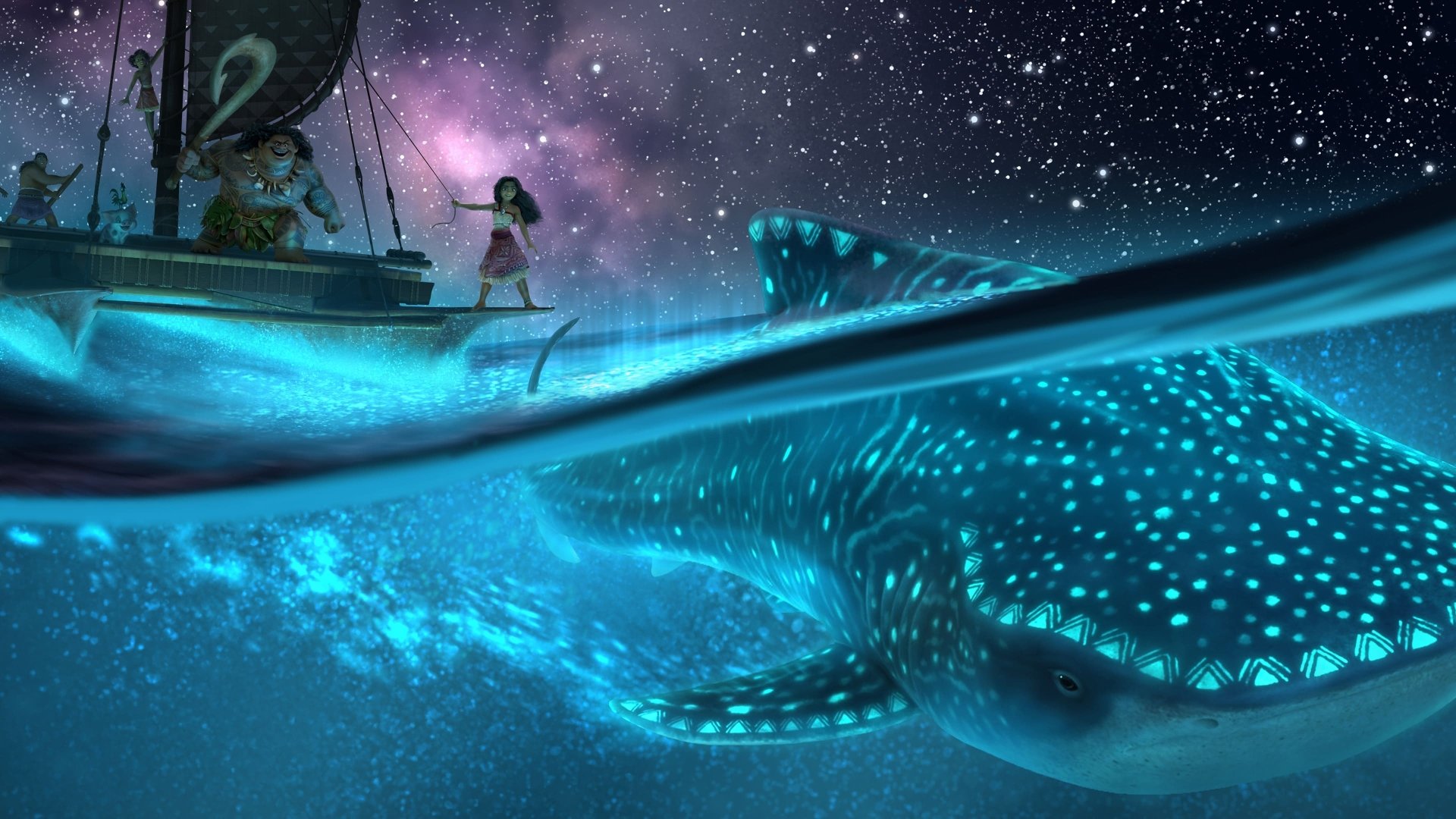 Moana 2 4K Ultra HD desktop wallpaper showing Moana on a boat interacting with a glowing whale shark beneath a starry night sky.