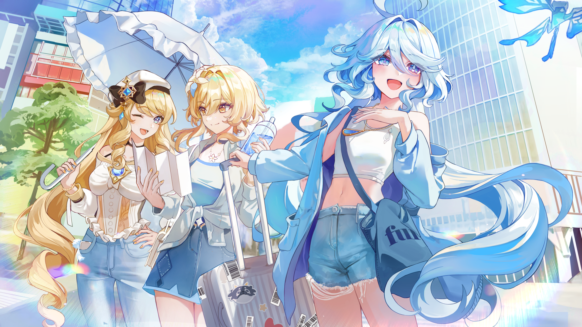 4K Ultra HD Genshin Impact wallpaper featuring Furina and Lumine posing cheerfully in a bright cityscape, showcasing vibrant colors and detailed character designs.
