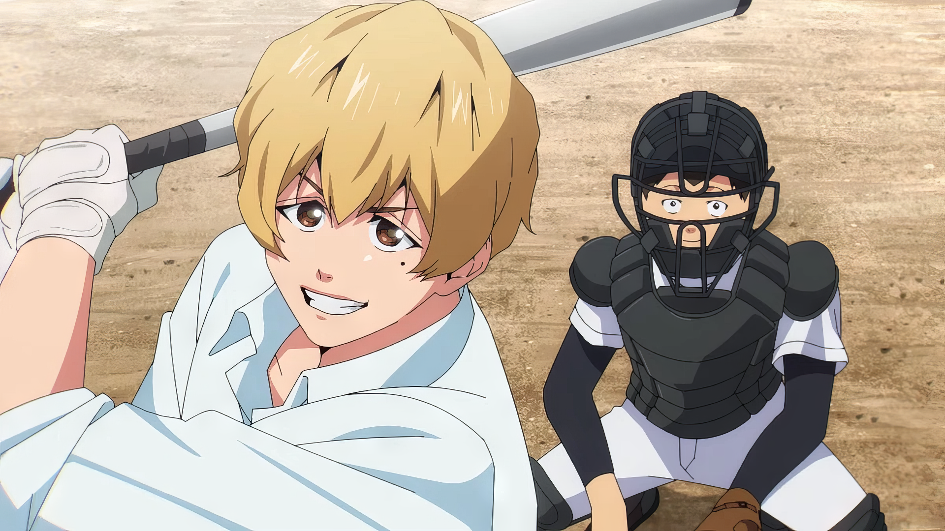 Anime HD desktop wallpaper featuring Kei Kaname from Oblivion Battery, showcasing an energetic baseball scene with a smiling batter and a focused catcher.