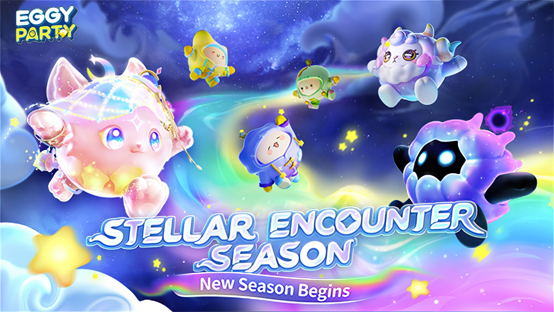 Colorful HD wallpaper for the video game Eggy Party, featuring adorable characters announcing the Stellar Encounter Season and inviting players to a new adventure.