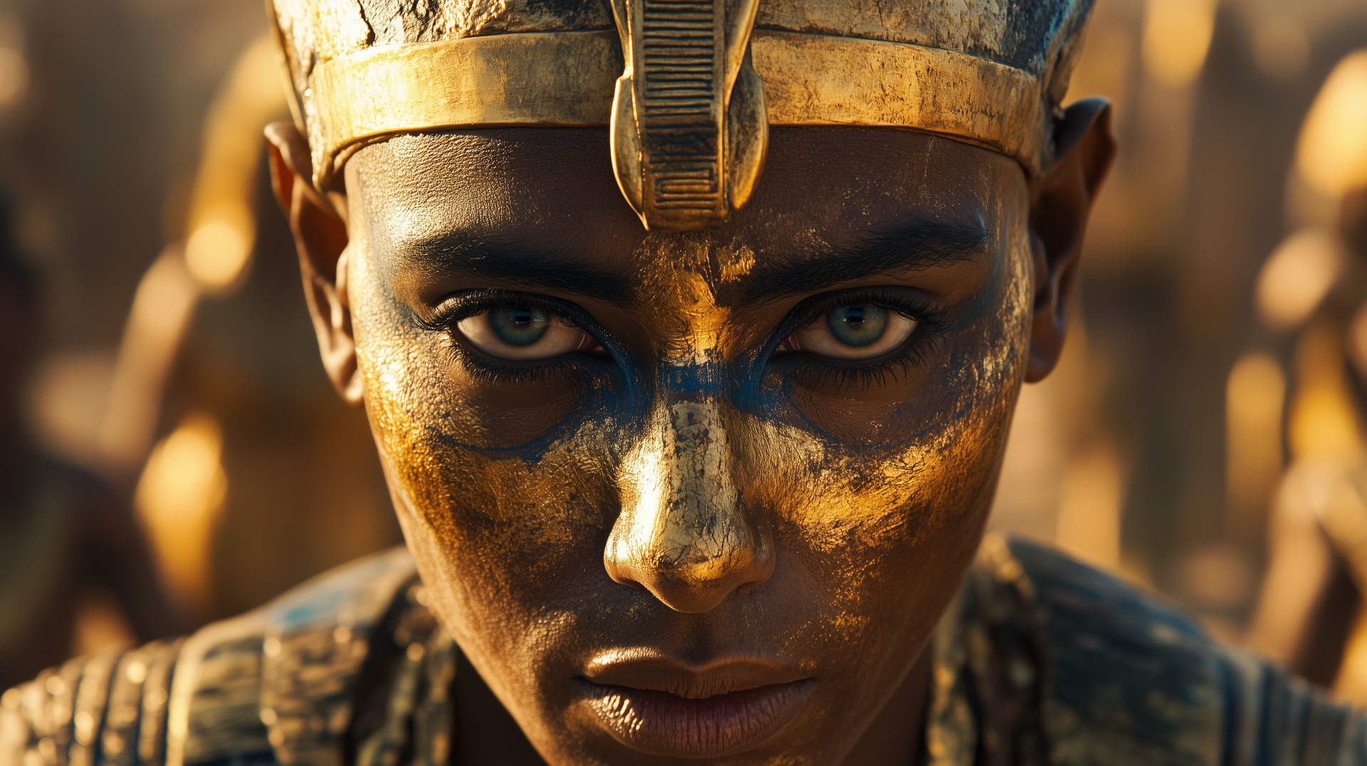 A striking HD wallpaper depicting a pharaoh with bold makeup and elaborate golden headdress, showcasing intense eyes and a regal expression.