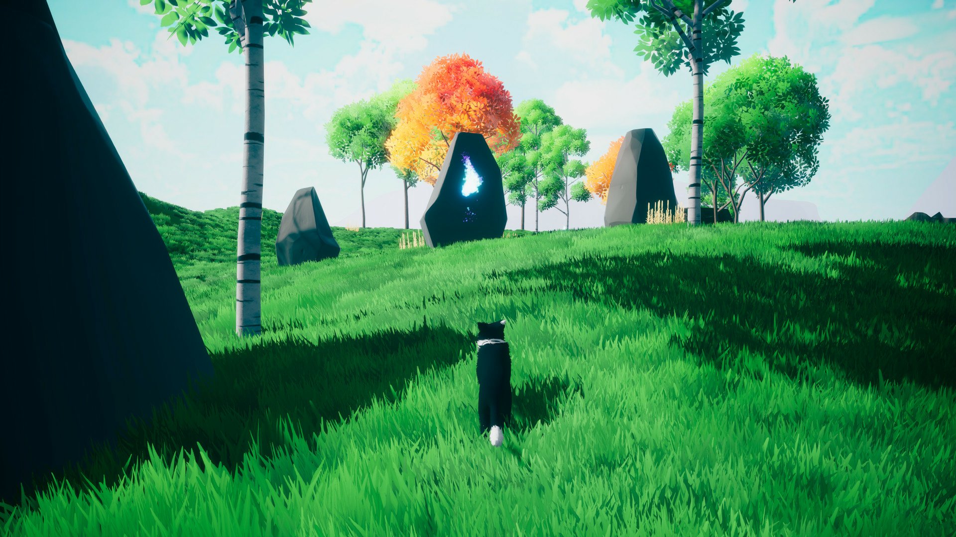 A serene HD wallpaper from the video game Farewell North, featuring a black and white cat walking through vibrant green fields adorned with colorful trees and mysterious stone structures.