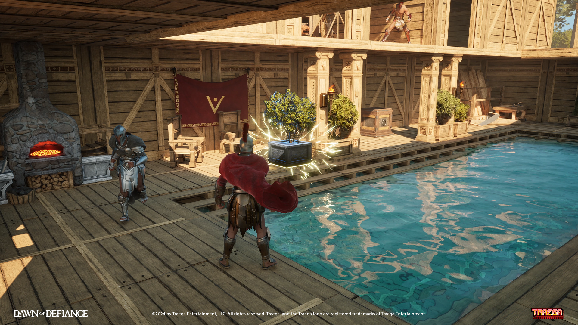 A detailed HD desktop wallpaper from the video game Dawn of Defiance, showcasing a wooden structure with a pool, characters, and a backdrop featuring the game's emblem.