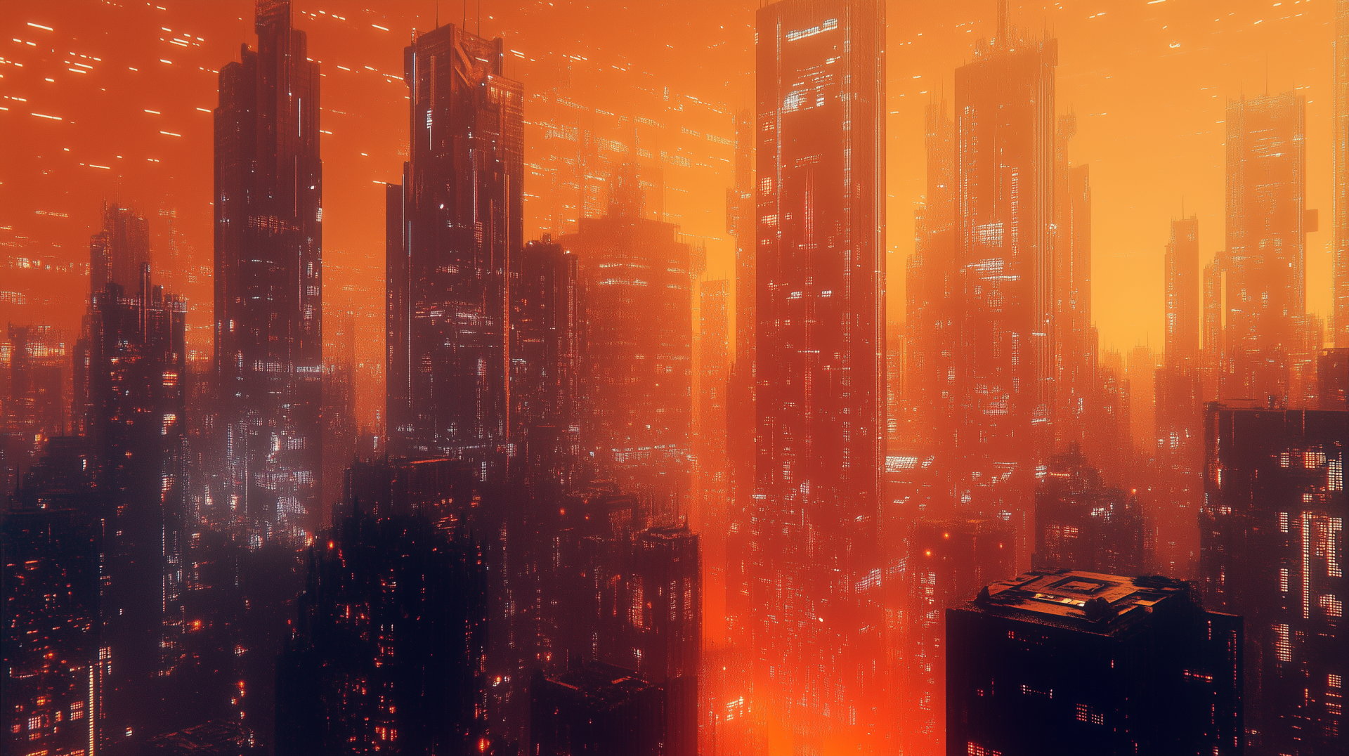 A stunning HD desktop wallpaper showcasing a vibrant sci-fi futuristic cityscape, filled with intricate architecture and illuminated by a captivating array of lights.