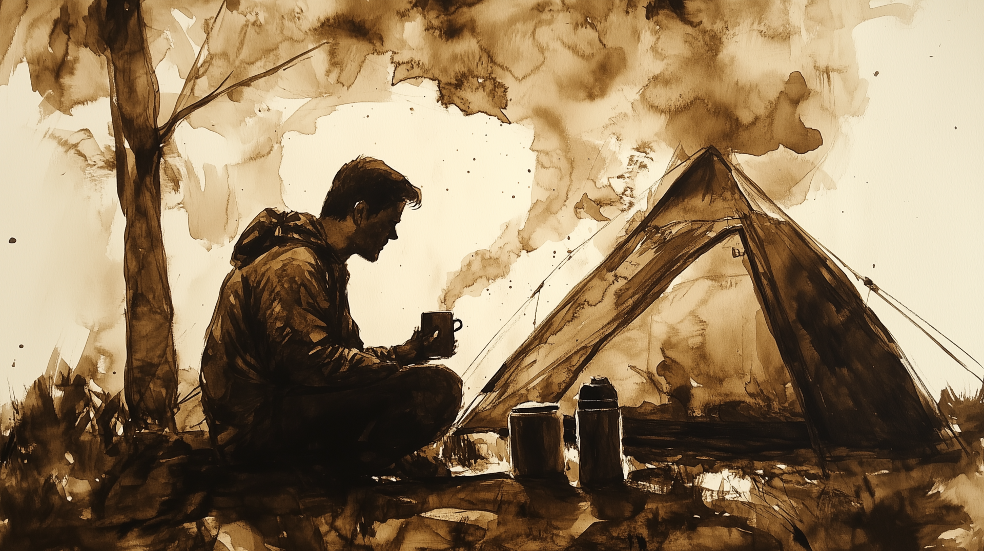 A serene HD desktop wallpaper featuring a cozy coffee moment during a camping trip, capturing the essence of outdoor relaxation and warmth.