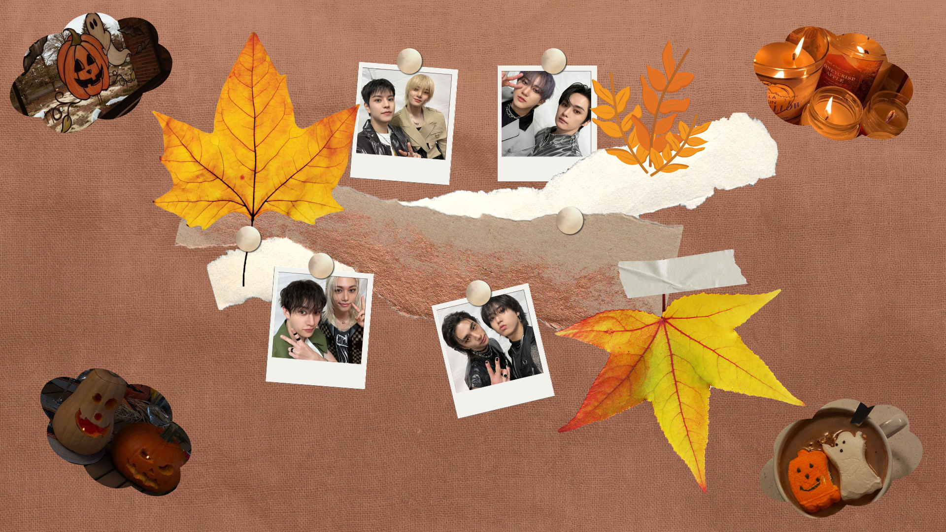 HD K-pop desktop wallpaper featuring Stray Kids with autumn leaves, Halloween-themed decorations, and Polaroid-style photos on a warm brown background.
