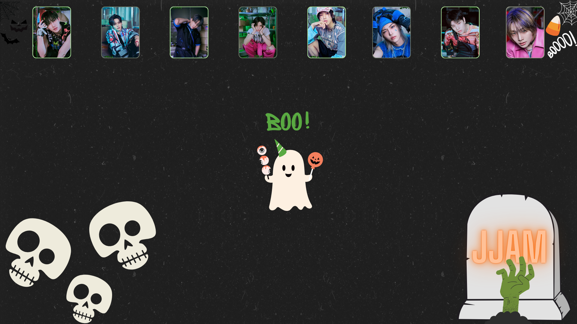 HD PC desktop wallpaper featuring K-pop group Stray Kids with Halloween-themed ghost and skull illustrations on a dark background.