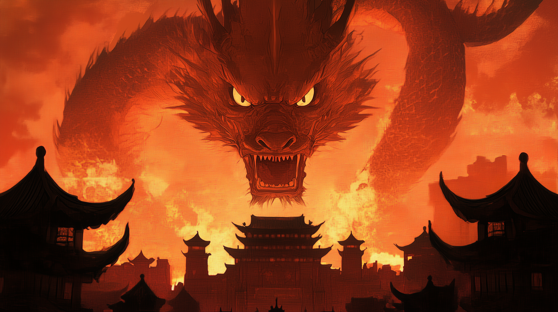 A powerful dragon looms over ancient architecture, surrounded by fiery orange hues, celebrating the Year of the Dragon for Chinese New Year in this captivating HD desktop wallpaper.