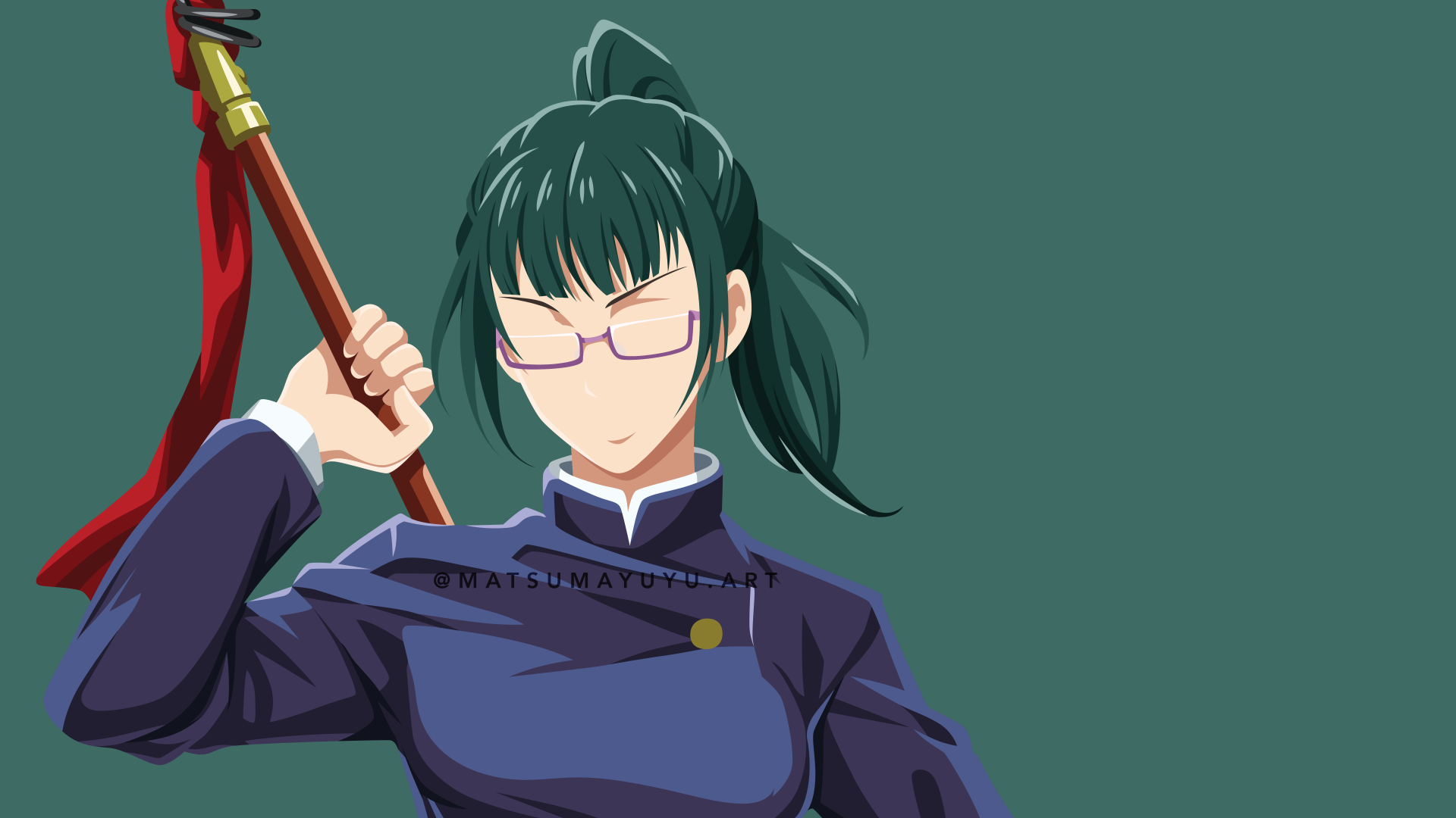 Digital 8K Ultra HD anime wallpaper featuring Maki Zenin from Jujutsu Kaisen, showcasing her in a confident pose with a weapon over her shoulder and glasses on.