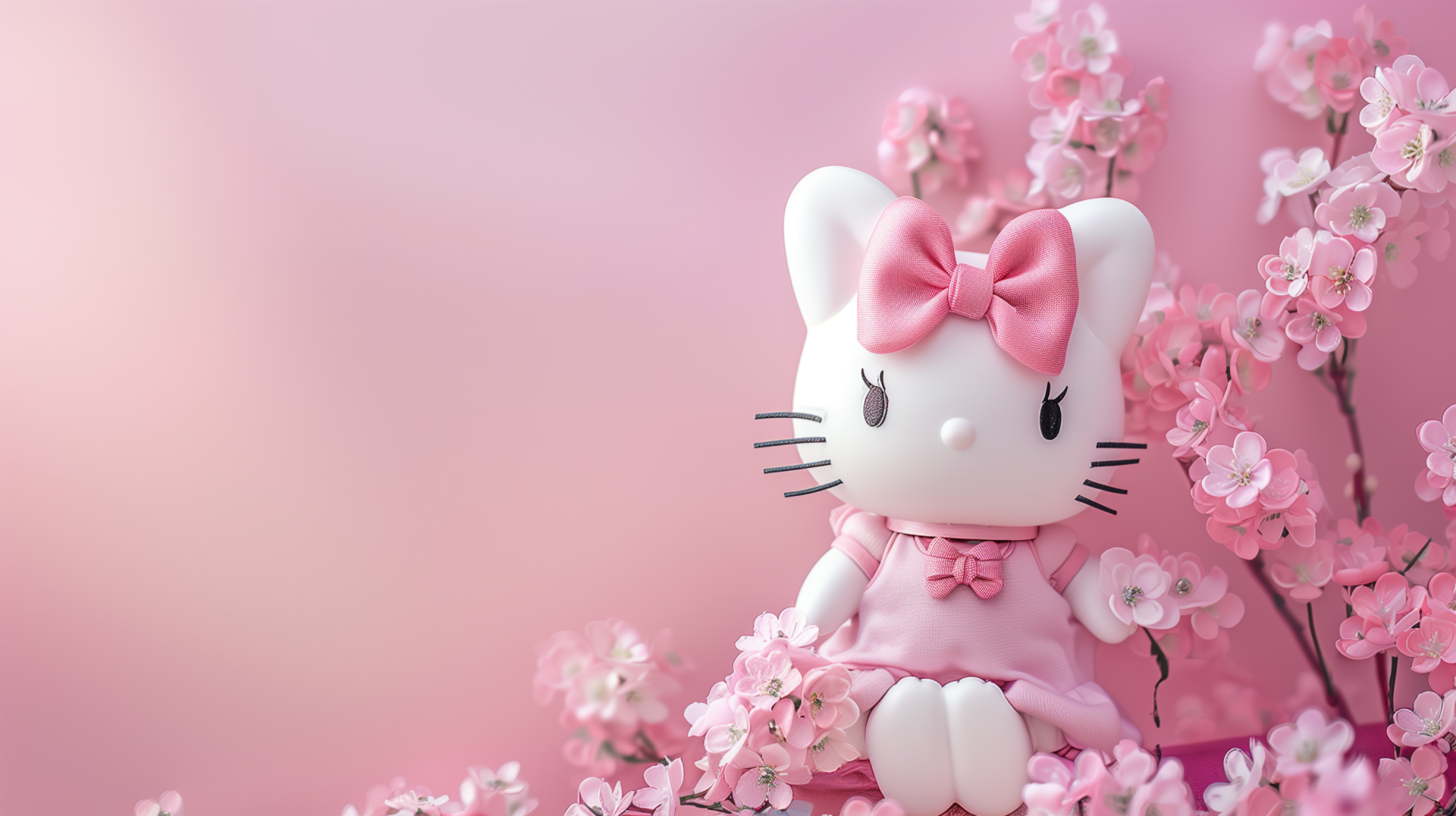 A charming Hello Kitty plush surrounded by pink blossoms on a soft pink background, creating an enchanting Sanrio-themed HD desktop wallpaper.