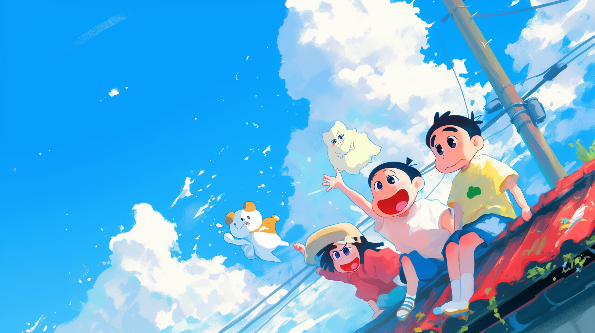 Colorful HD wallpaper featuring Shinchan Nohara and friends joyfully playing under a blue sky with fluffy clouds, capturing the playful spirit of the beloved anime, Crayon Shin-chan.