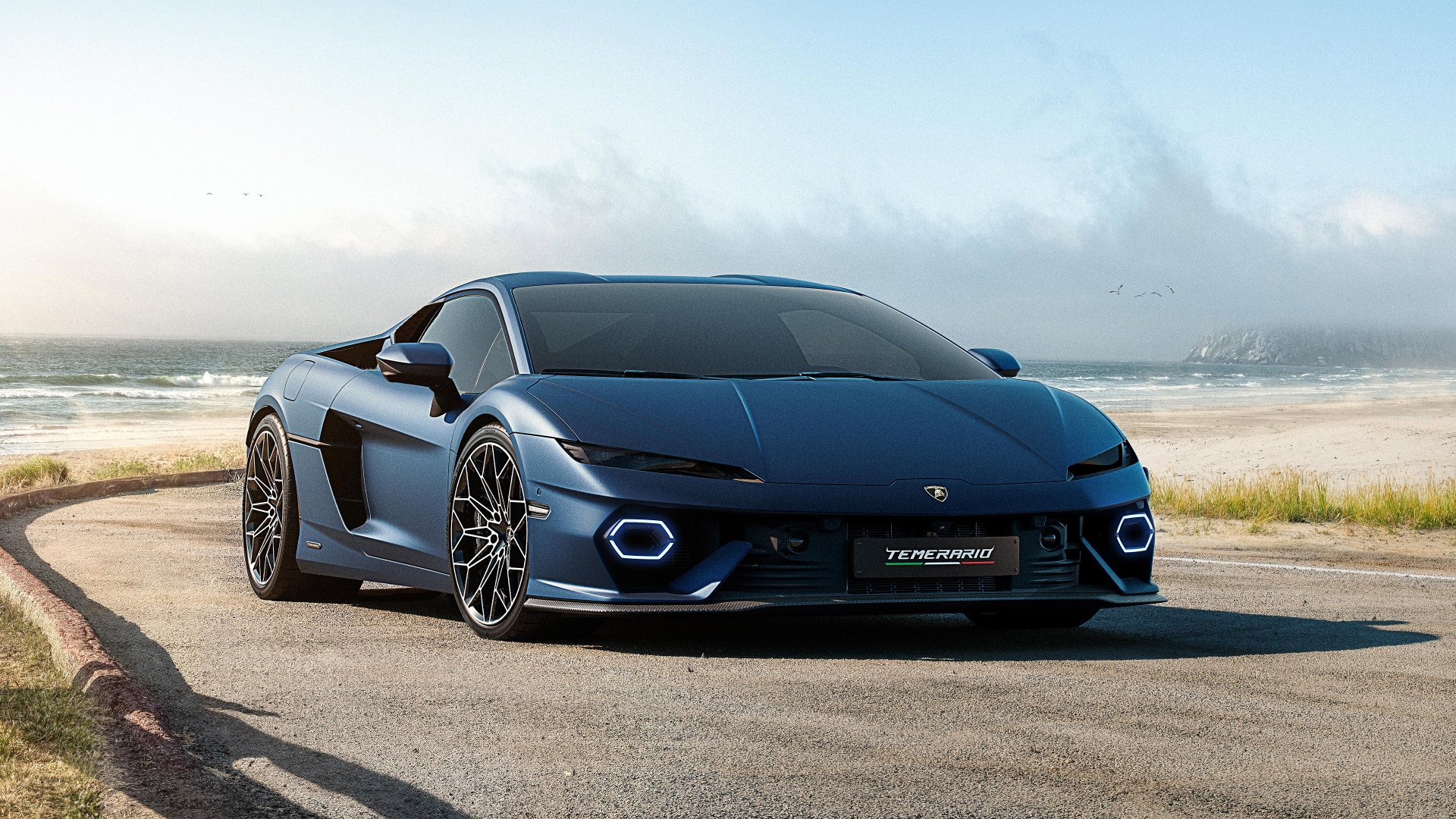 A stunning Lamborghini Temerario parked by the beach, showcasing its sleek design and vibrant blue color, set against a picturesque ocean backdrop. A striking HD desktop wallpaper.