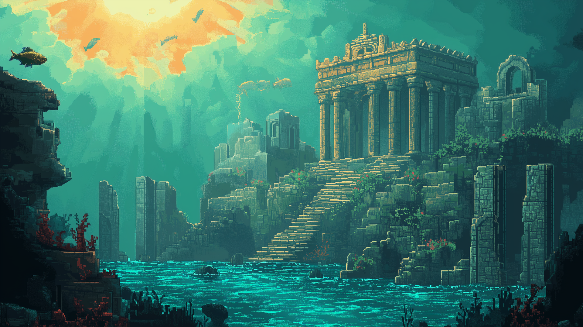 A captivating pixel art depiction of Atlantis, featuring ancient ruins and vibrant underwater scenery, perfectly crafted for an HD desktop wallpaper and background.