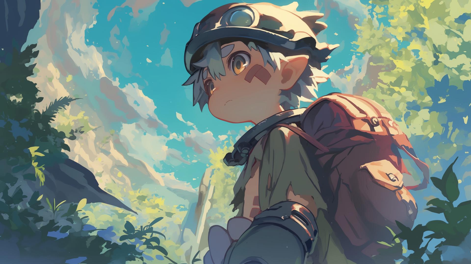 Anime-inspired HD wallpaper featuring Reg from Made in Abyss, capturing his adventurous spirit against a vibrant sky and lush greenery.