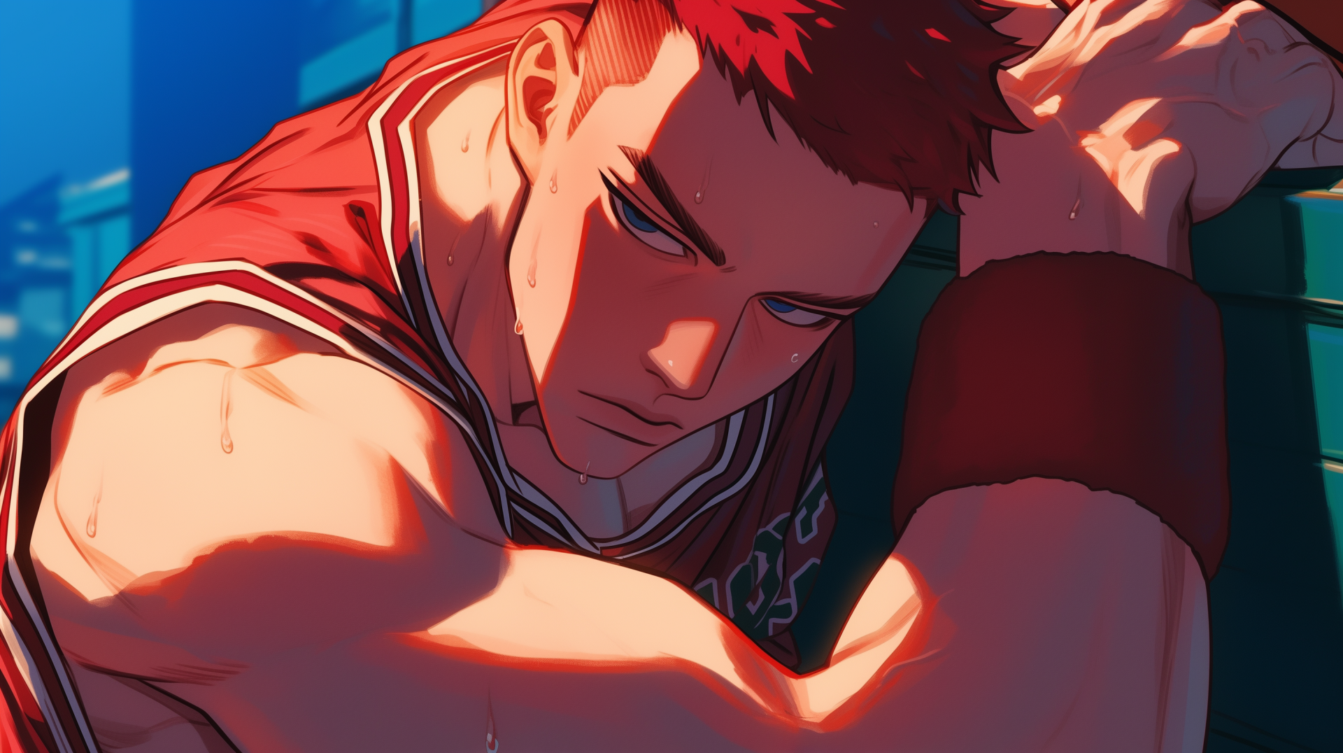 Anime-inspired HD desktop wallpaper featuring Hanamichi Sakuragi from Slam Dunk, capturing the dynamic energy of the basketball-themed series.