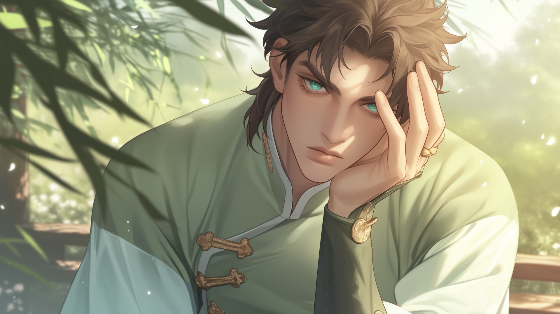 A serene HD desktop wallpaper featuring Joseph Joestar from Jojo's Bizarre Adventure, showcasing his contemplative expression amid a softly lit, natural background.