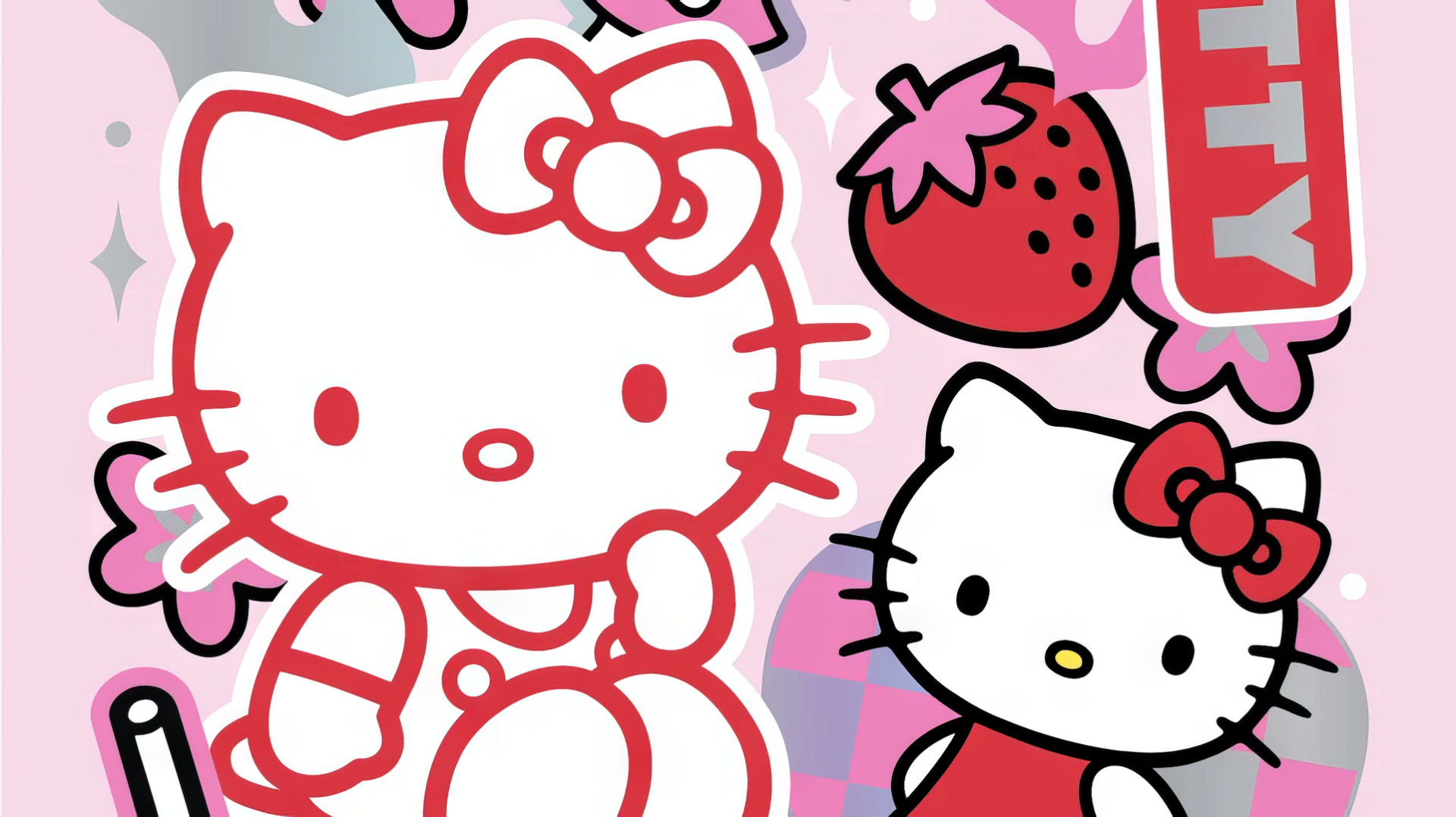 HD desktop wallpaper featuring Hello Kitty in a colorful Sanrio design, showcasing two cute characters with bows against a vibrant pink background adorned with strawberries.