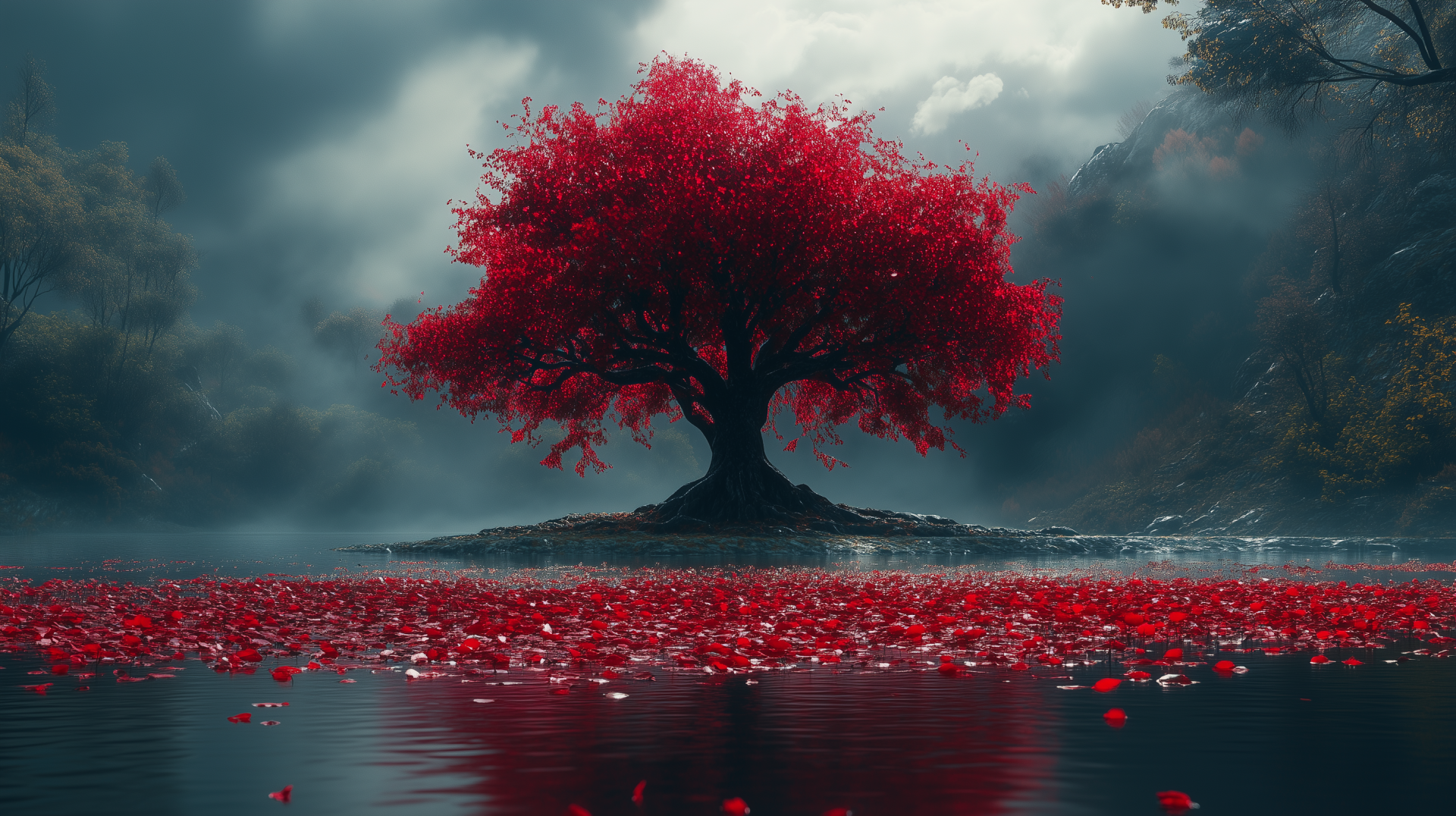 Download Tree Red Lake Landscape AI Art HD Wallpaper
