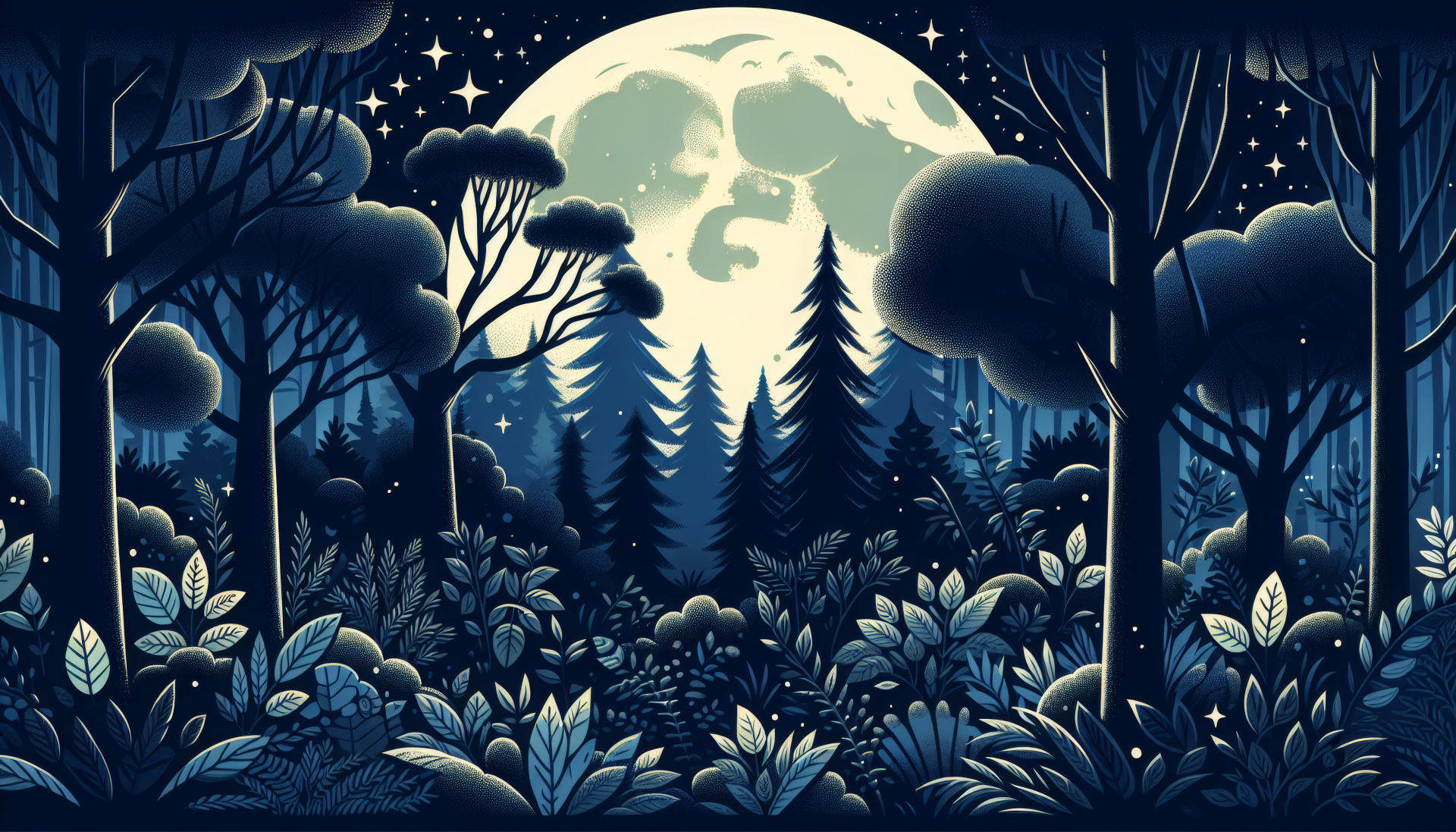 A serene moonlit forest scene, captured in high definition, creating a tranquil and enchanting backdrop for your desktop wallpaper.