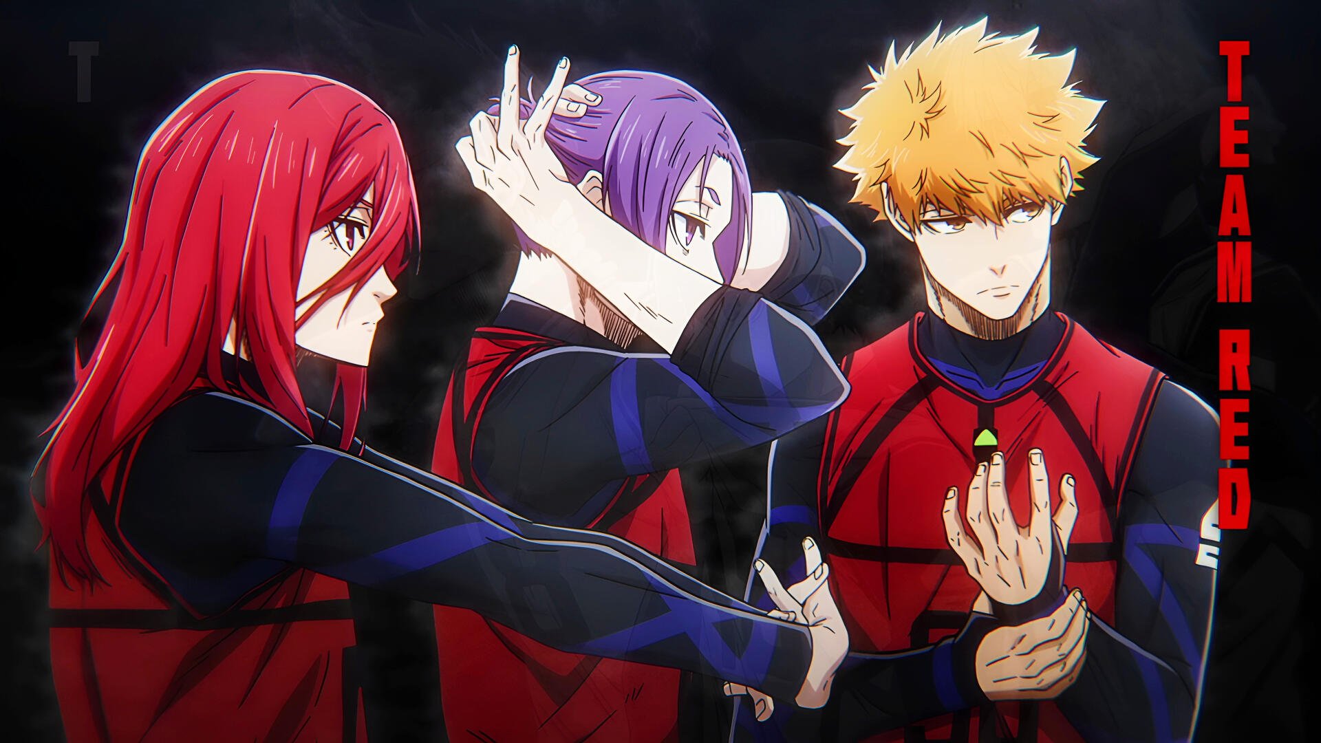 Anime-inspired HD wallpaper featuring characters Reo Mikage, Hyoma Chigiri, and Rensuke Kunigami from Blue Lock. A vibrant backdrop showcasing their dynamic energy.