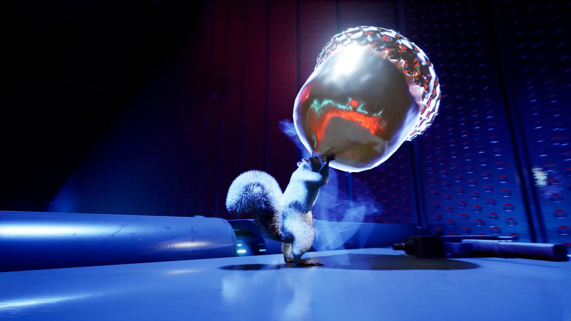 A dynamic HD desktop wallpaper featuring a squirrel wielding a gun, showcasing a whimsical and action-packed moment in the game Squirrel with a Gun.