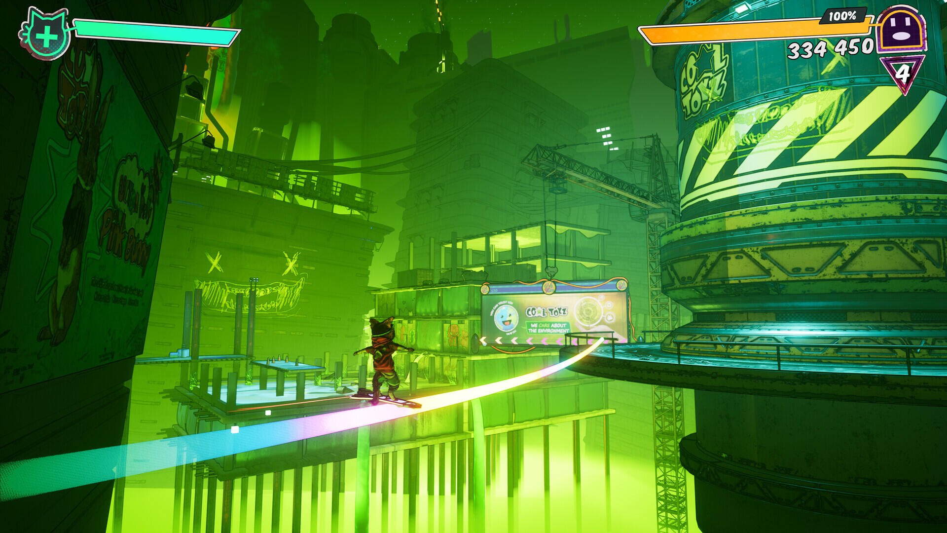 A vibrant HD desktop wallpaper from the video game Gori: Cuddly Carnage, featuring a colorful character navigating a neon-lit, futuristic environment.