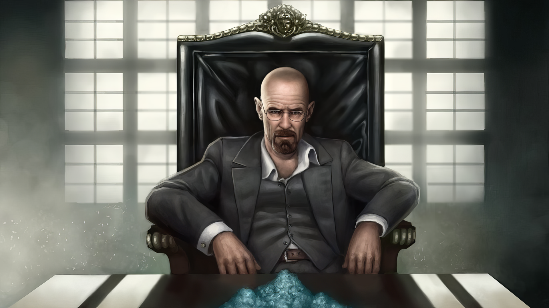 A high-definition wallpaper featuring Walter White from the TV show Breaking Bad, portrayed by Bryan Cranston, showcasing the iconic character in a dramatic setting.