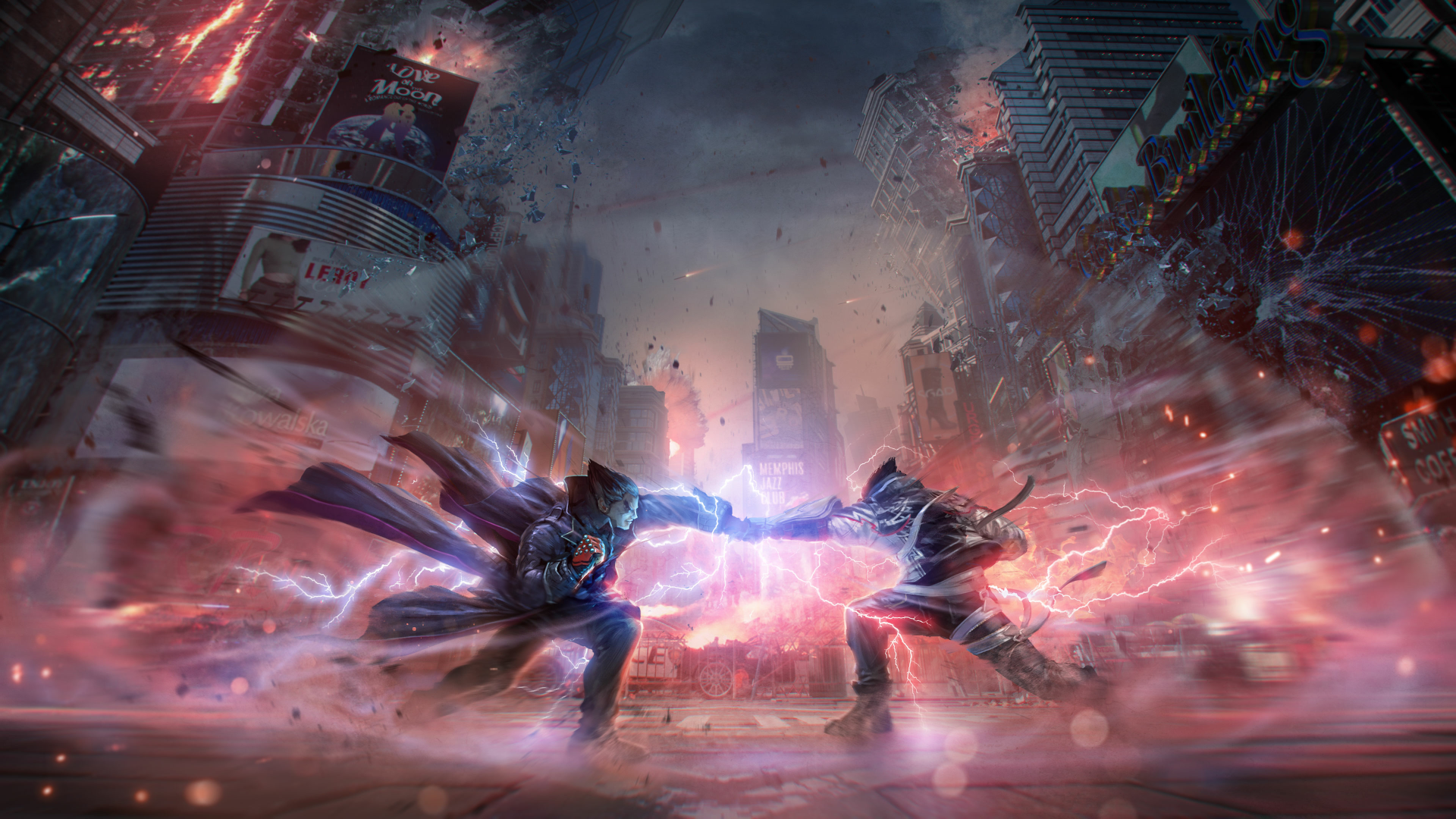 A vibrant 4K Ultra HD wallpaper featuring characters Jin Kazama and Kazuya Mishima from the Tekken 8 video game, showcasing iconic combat and dynamic visuals.