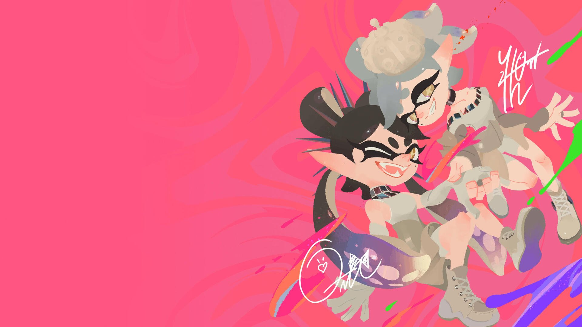 HD PC desktop wallpaper featuring vibrant Splatoon characters in dynamic poses against a bold pink background.