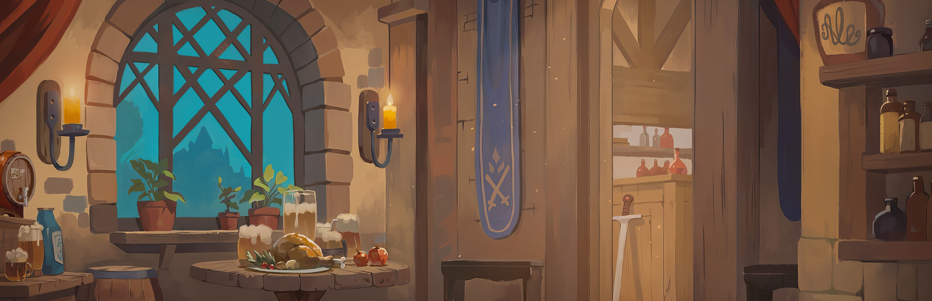 A vibrant HD wallpaper depicting the Ale & Tale Tavern, a cozy setting within a video game, evoking a warm and inviting atmosphere for gamers.