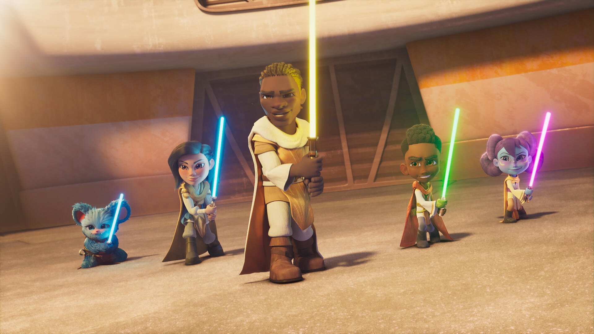 A vibrant 4K Ultra HD desktop wallpaper featuring imagery from the TV show Star Wars: Young Jedi Adventures, showcasing a lightsaber in action.