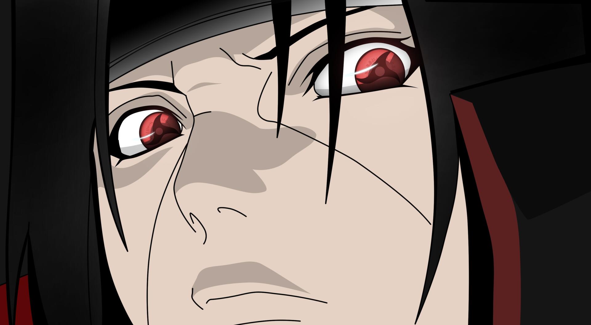 Anime-themed HD wallpaper featuring Itachi Uchiha and the Mangekyō Sharingan from Naruto, showcasing the iconic visual elements of the series.