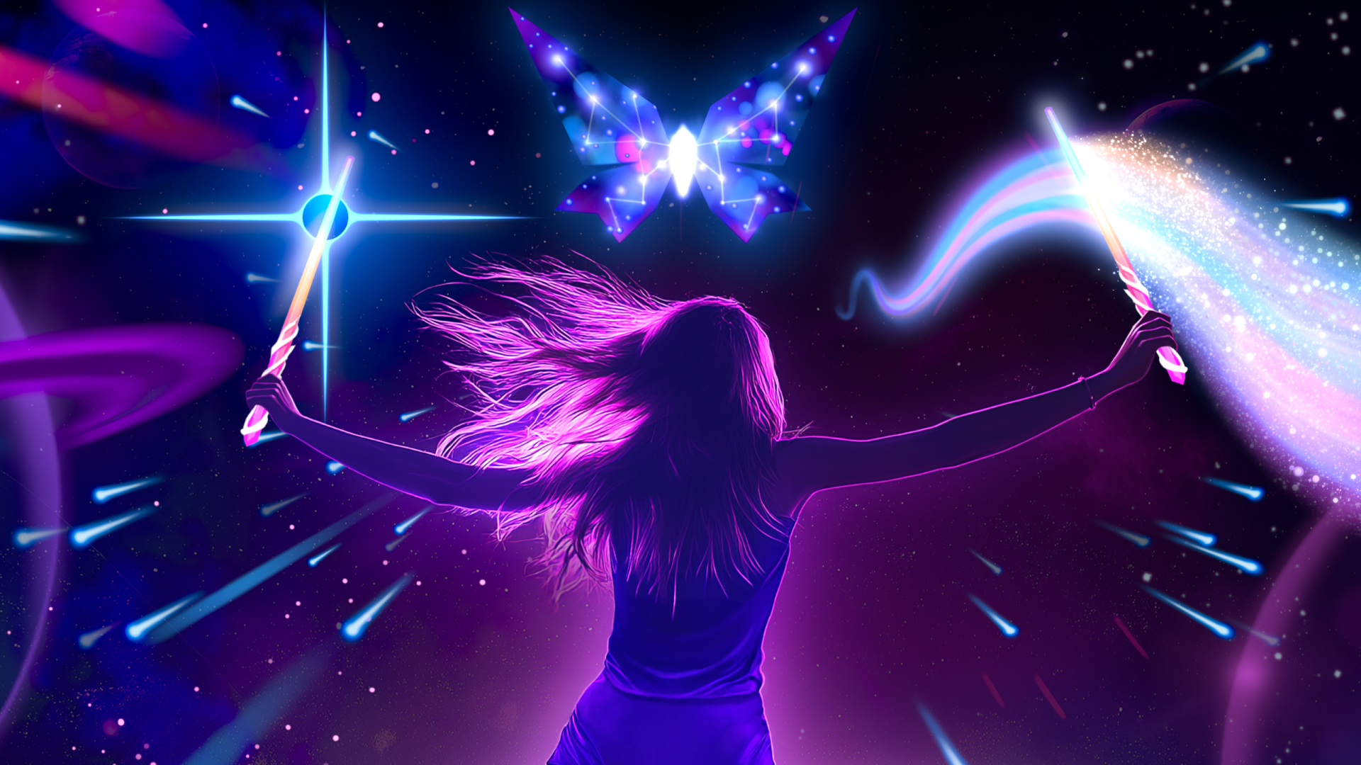 An HD PC desktop wallpaper featuring a dynamic space scene inspired by the video game Starwave, showcasing vibrant colors and celestial imagery.