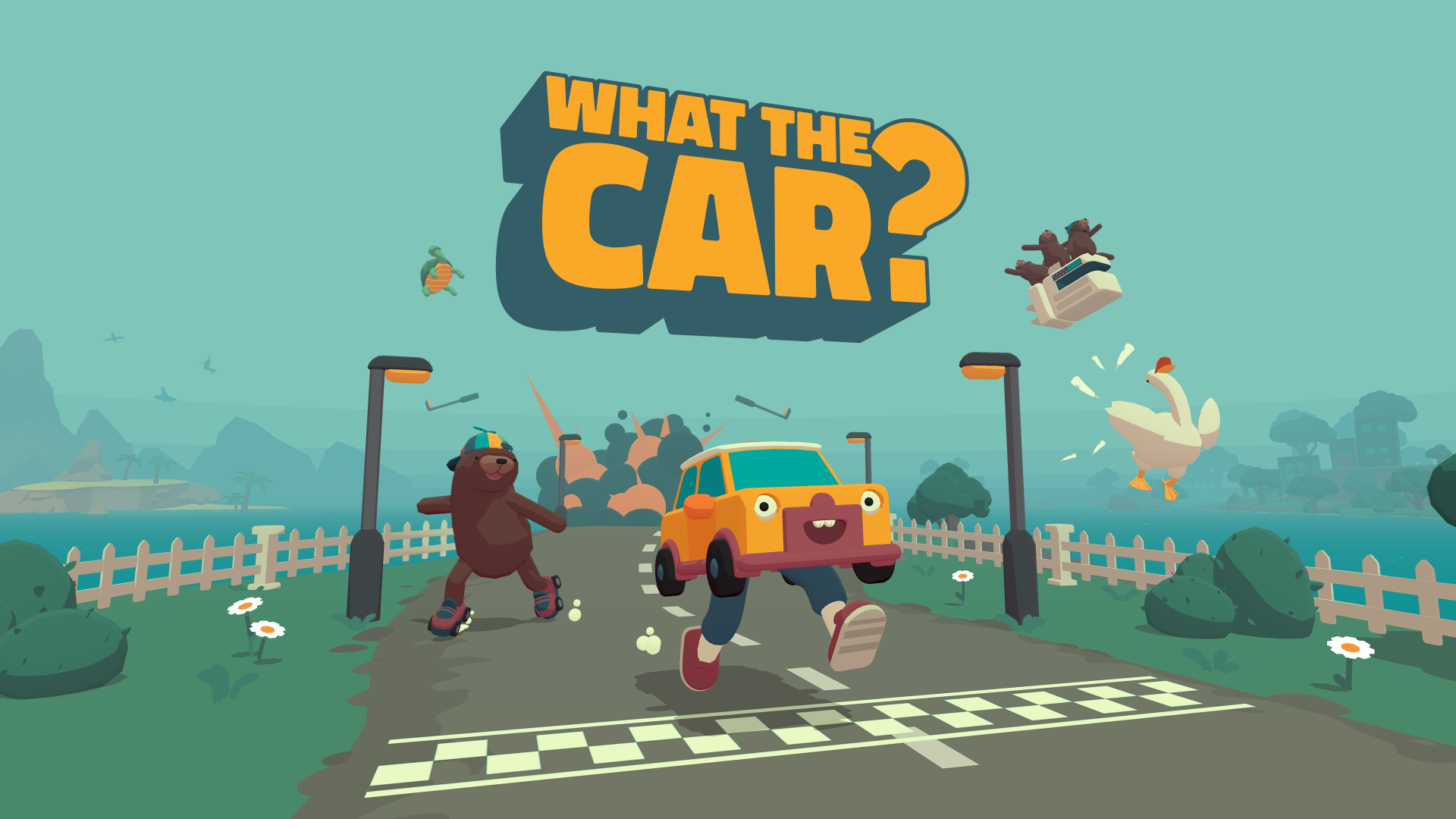 A vibrant 4K Ultra HD wallpaper featuring the whimsical video game WHAT THE CAR?, showcasing a cheerful car racing scene with playful characters and a fun atmosphere.