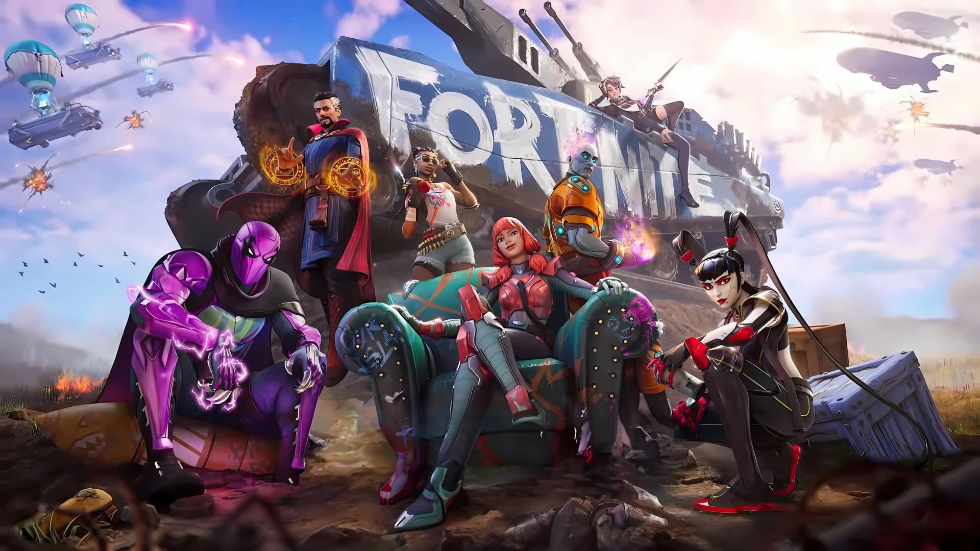 Vibrant Fortnite 4K Ultra HD PC wallpaper featuring diverse characters in dynamic poses with a dramatic sky and iconic game logo in the background.