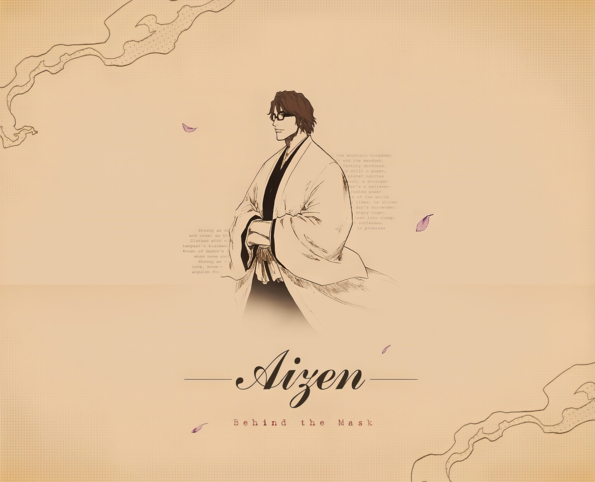 A high-definition anime wallpaper featuring Sōsuke Aizen from Bleach, showcasing the character in a minimalist design with elegant details and soft colors.