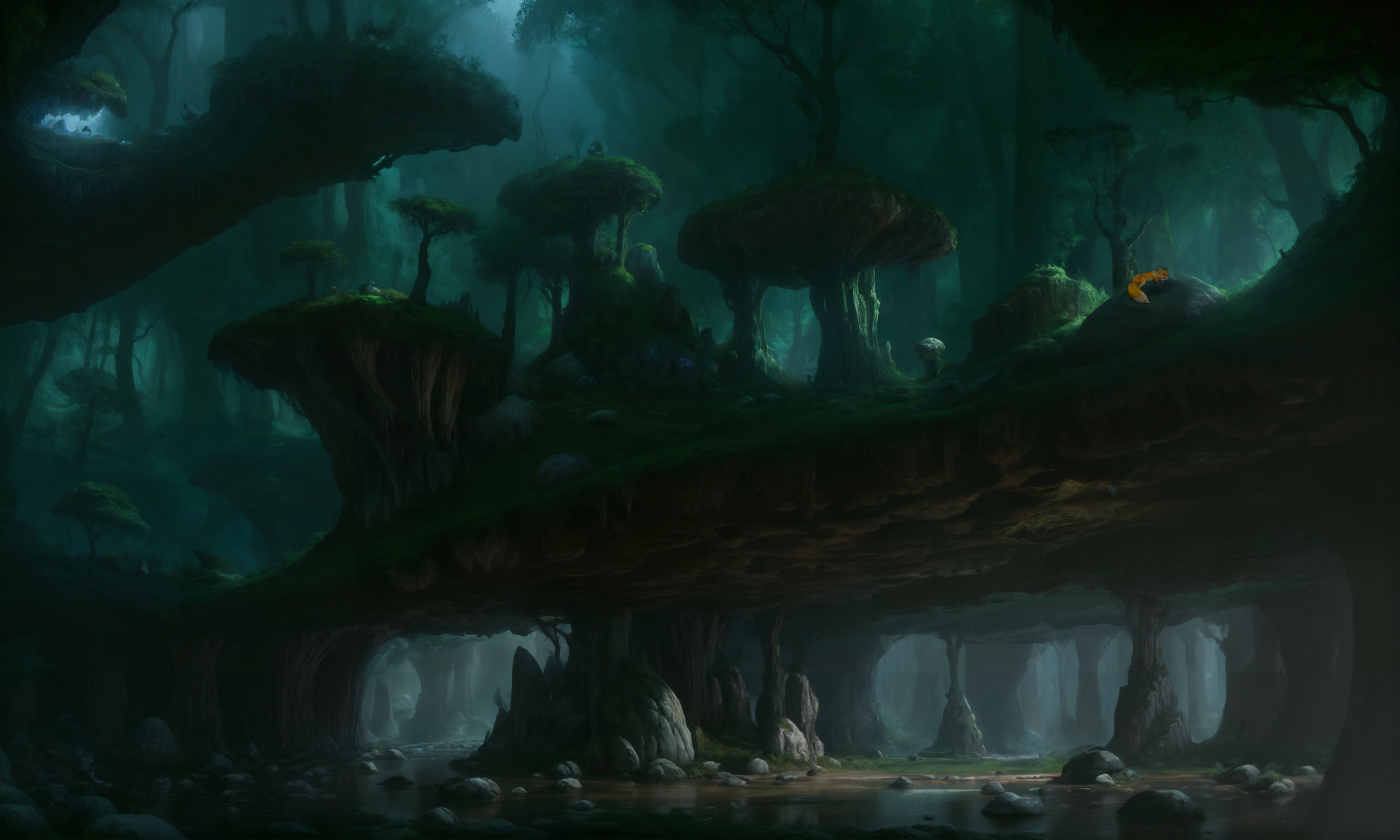 a deep forest open cavern, with a small fox taking a snooze by PythonArt