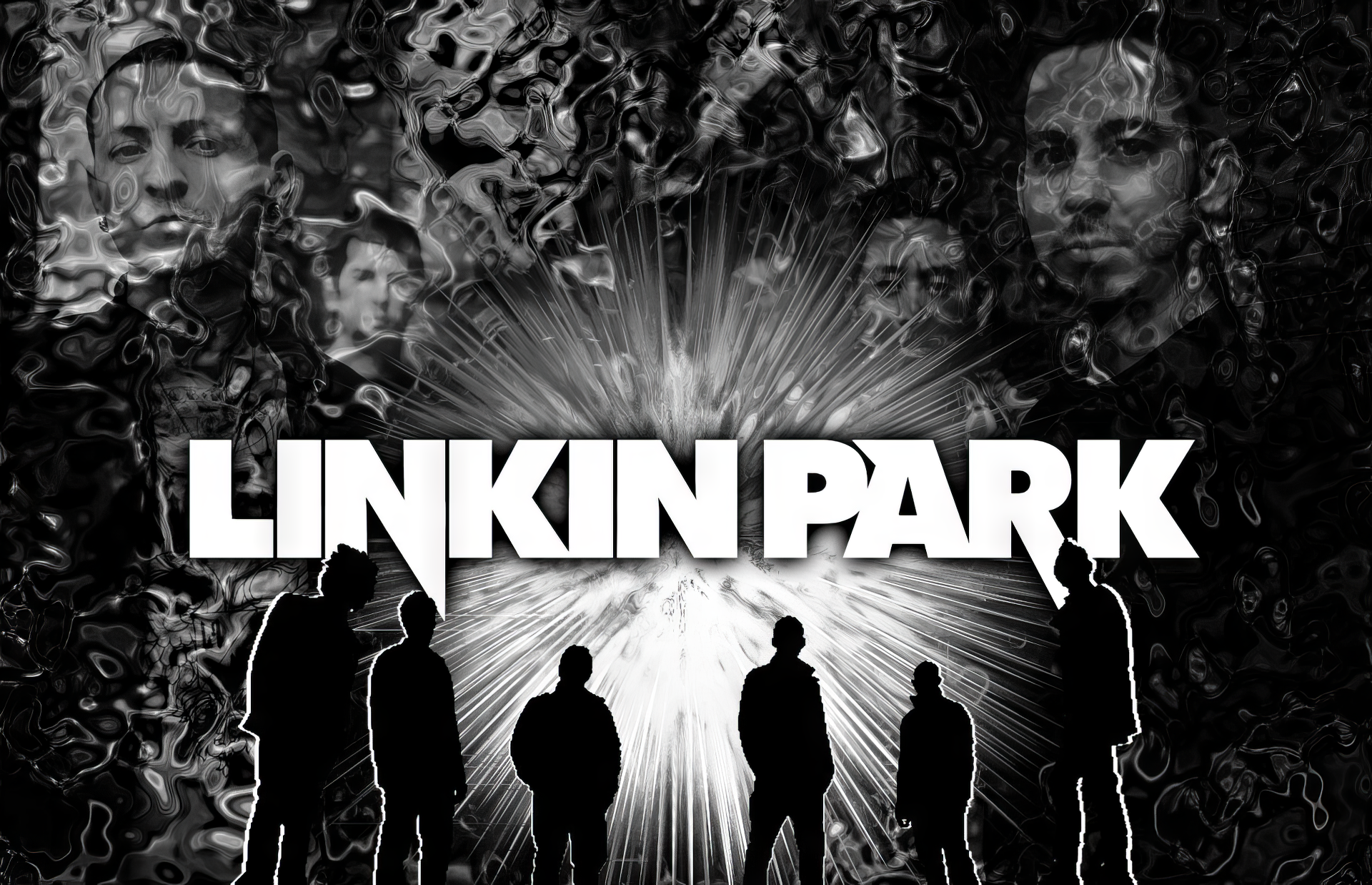 A striking HD desktop wallpaper featuring the band Linkin Park, showcasing silhouettes against a dynamic background with artistic representations of the band members.