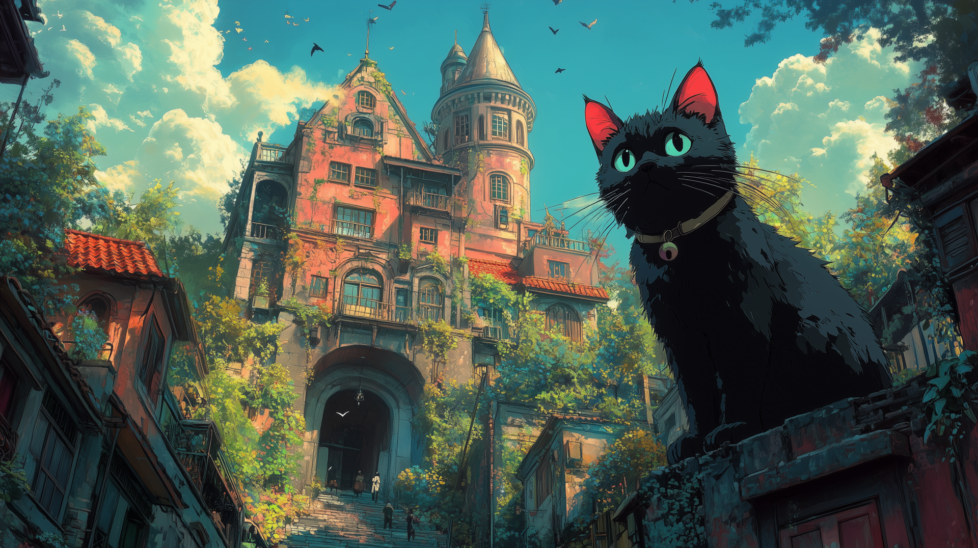 HD anime-style desktop wallpaper featuring a black cat with bright blue eyes sitting in front of a vibrant, detailed fantasy mansion surrounded by lush greenery.